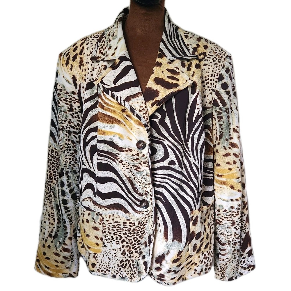 Leslie Fay Woman Size 22W Leopard Animal Print Blazer Jacket Stretch Plus Size
